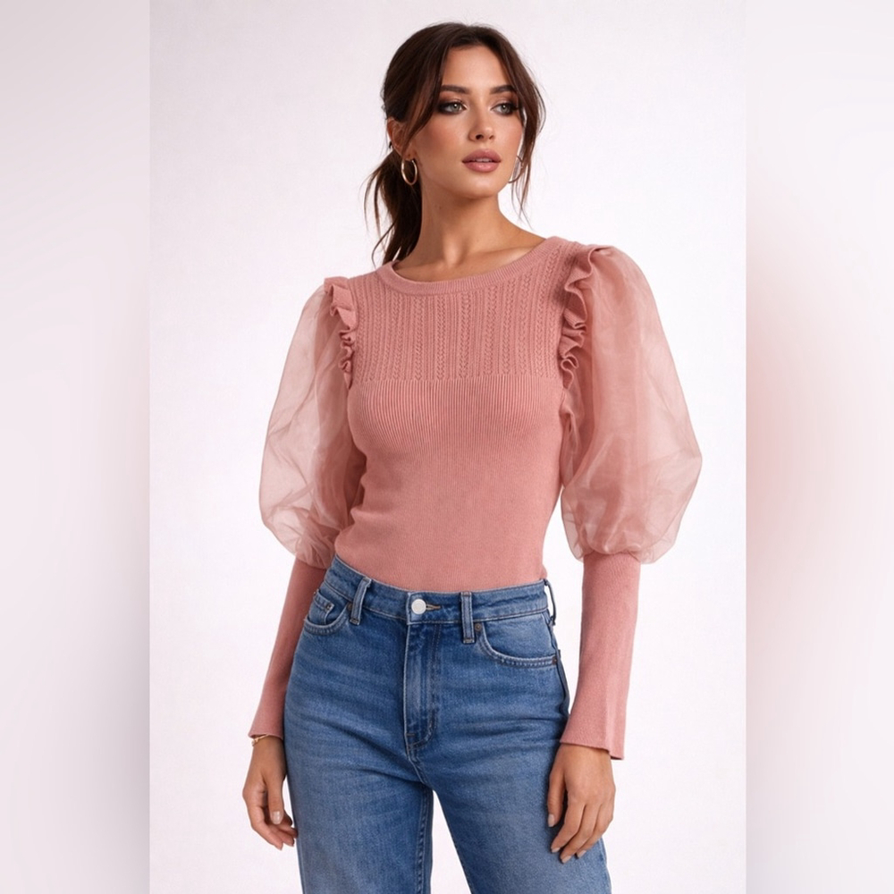 Anthropologie Blush Pink Juliet Sleeve Ruffle Knit Top – Puff Sleeve, XS